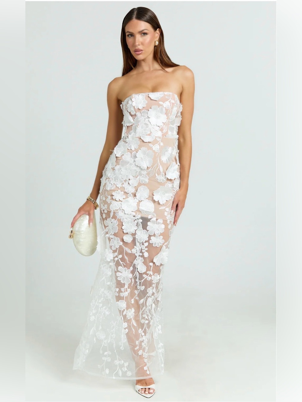 NWT Showpo. Strapless White Floral Appliqué Sheer Gown size 8